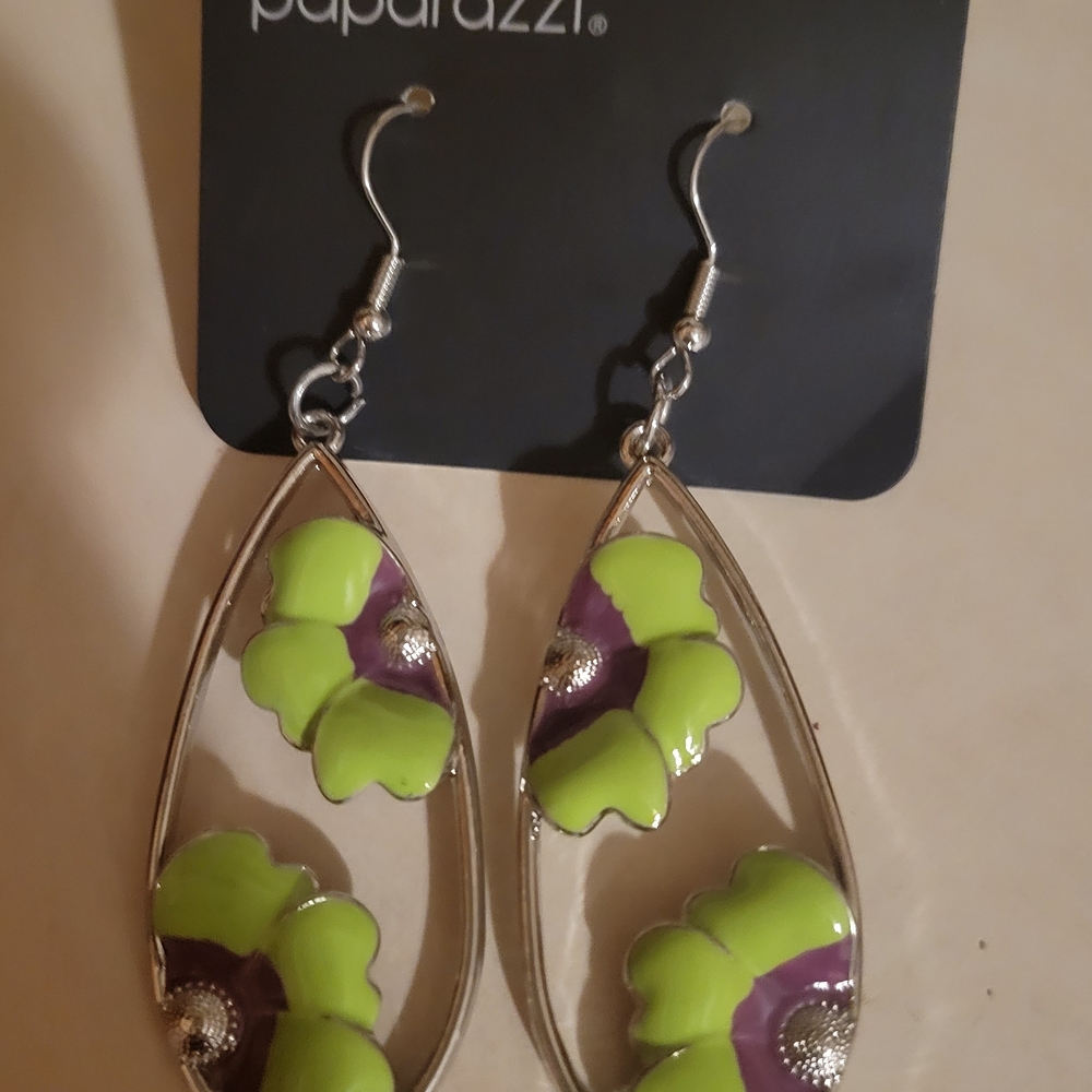 Paparazzi Lime Green and Purple Floral Earrings